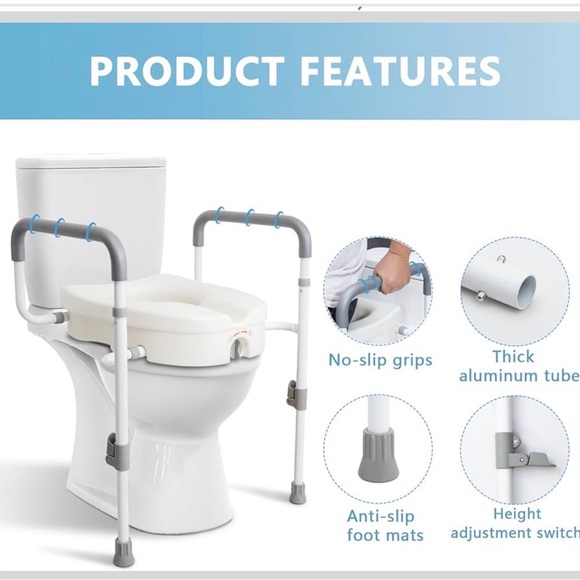 Adjustable White Raised Toilet Seat With Safety Rail - Picture 4 of 9
